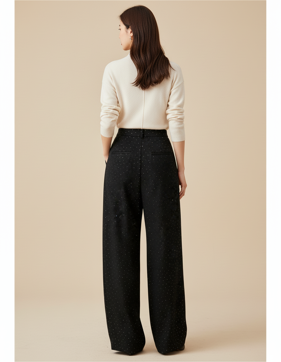 Pantalon Baggy Noir Ample Fluide Points Femme - Polyester - vue 2
