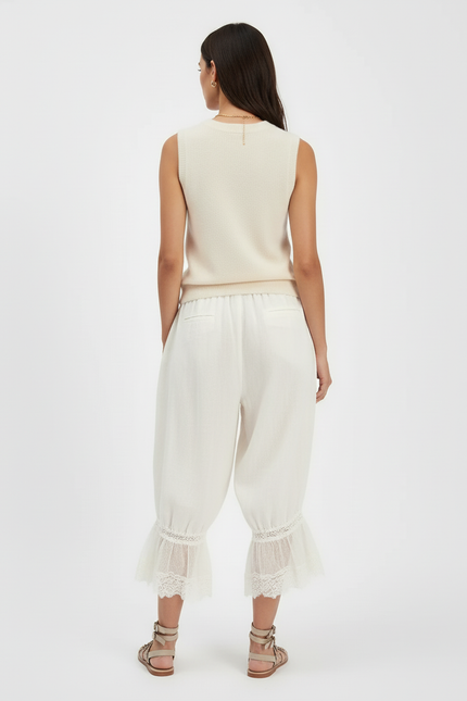Pantalon Baggy Blanc Cassé Lin Dentelle Ample Fluide - vue 2