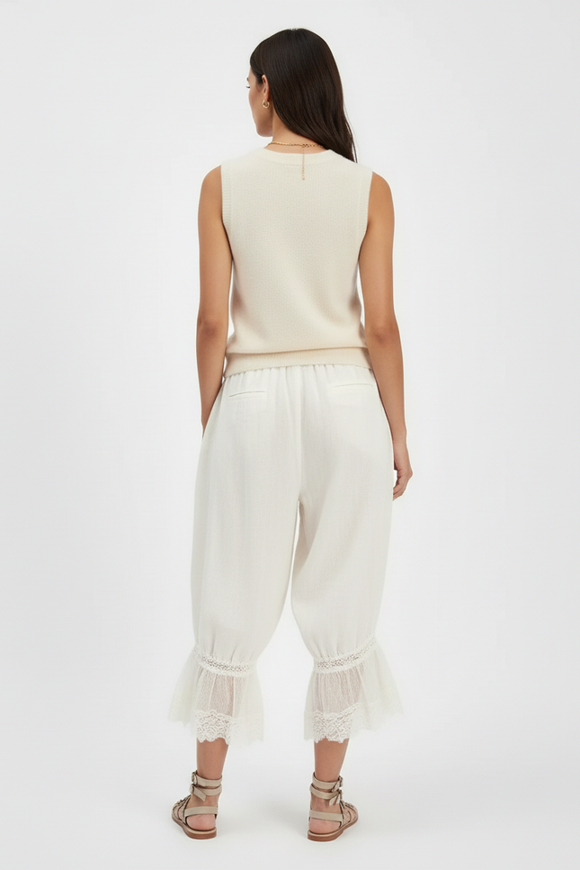 Pantalon Baggy Blanc Cassé Lin Dentelle Ample Fluide - vue 2