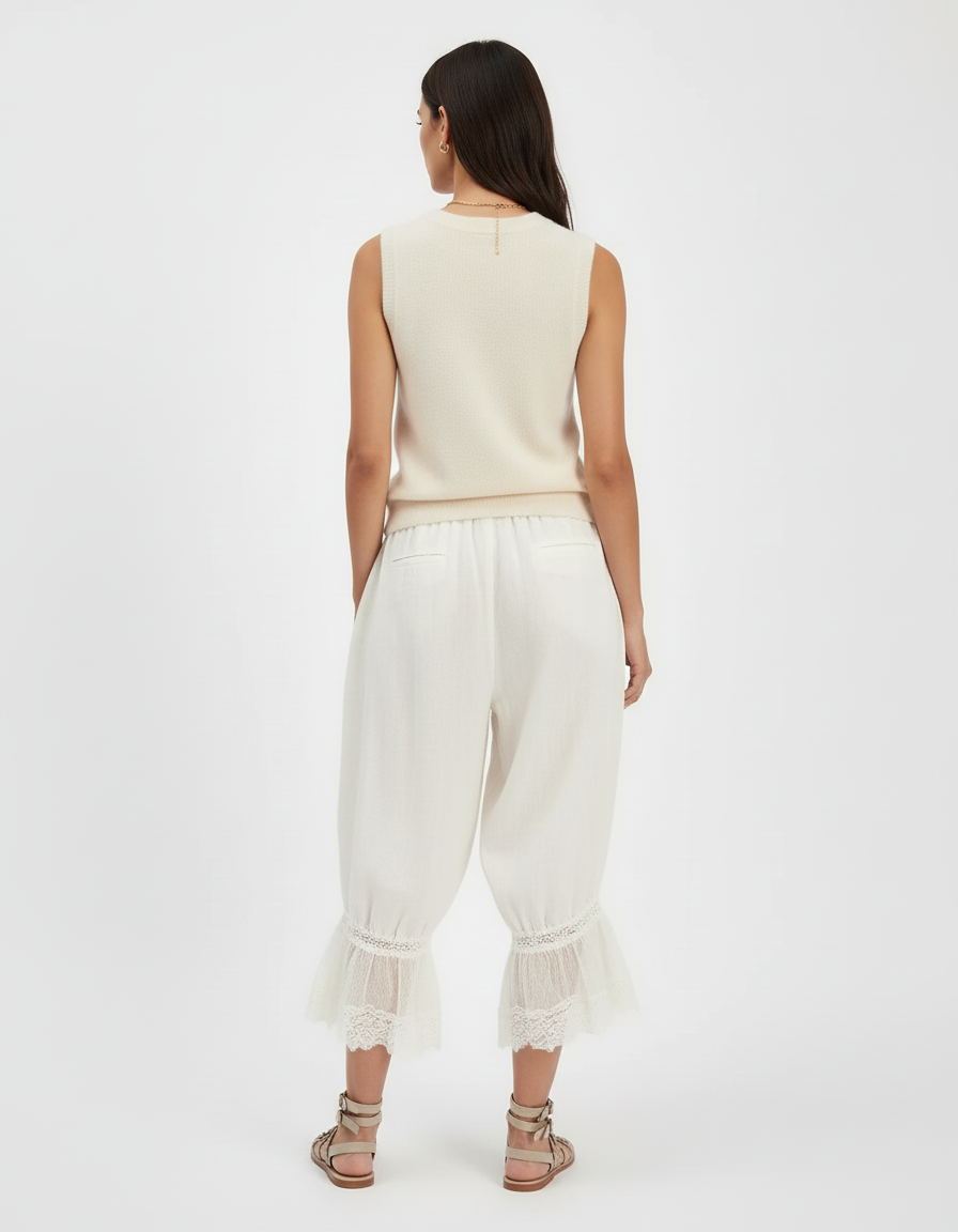 Pantalon Baggy Blanc Cassé Lin Dentelle Ample Fluide - vue 2