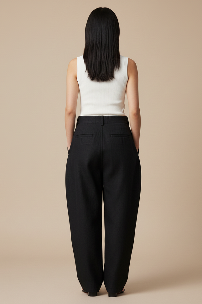Pantalon Baggy Noir Ample Taille Haute Femme - Lin - vue 2