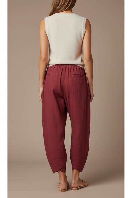 Pantalon Baggy Rouge Lin Ample Décontracté Femme - Bordeaux - vue 2