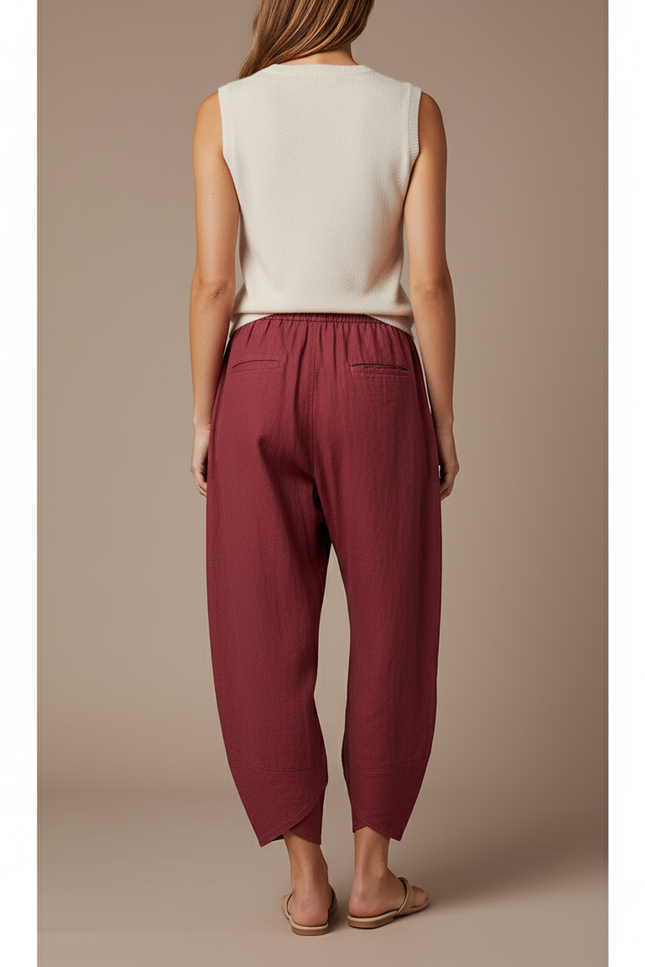 Pantalon Baggy Rouge Lin Ample Décontracté Femme - Bordeaux - vue 2