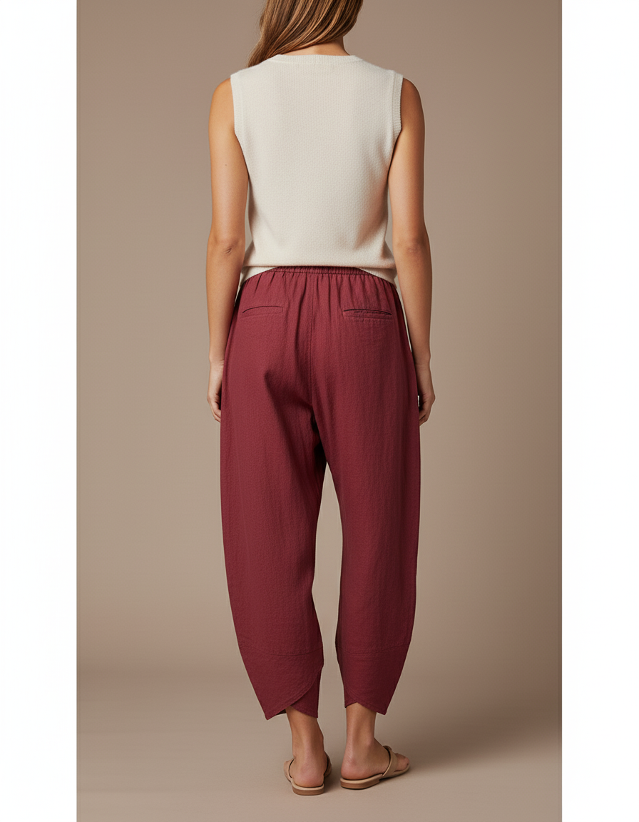 Pantalon Baggy Rouge Lin Ample Décontracté Femme - Bordeaux - vue 2