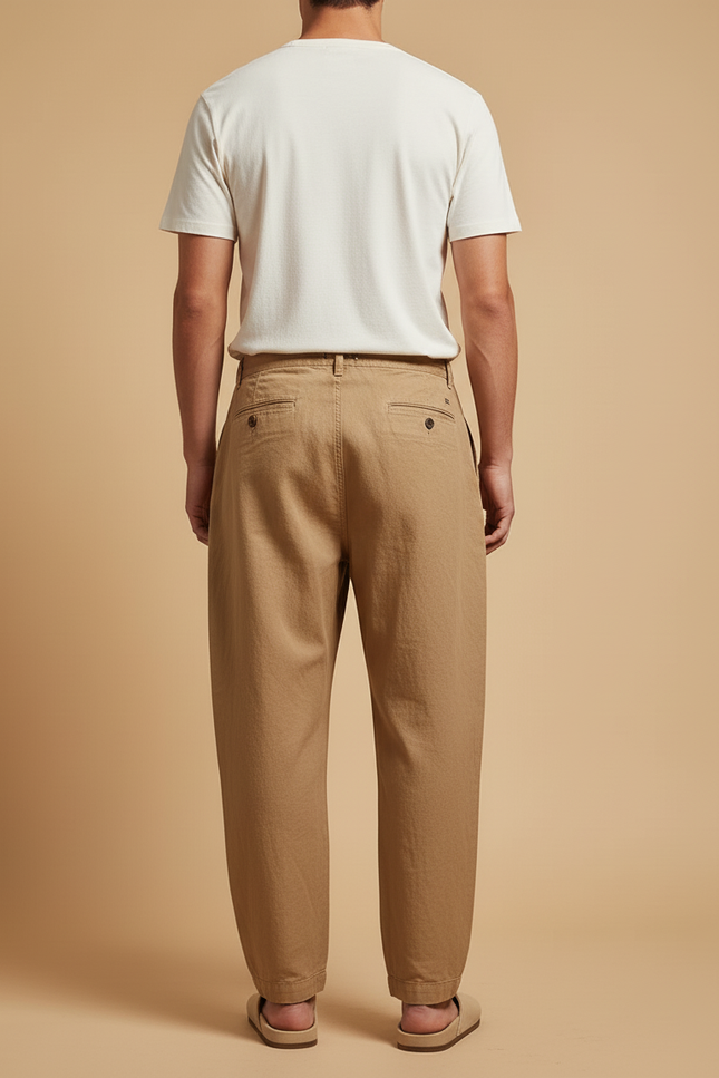 Pantalon Baggy Coton Plissé Décontracté Beige Homme - Lin - vue 2