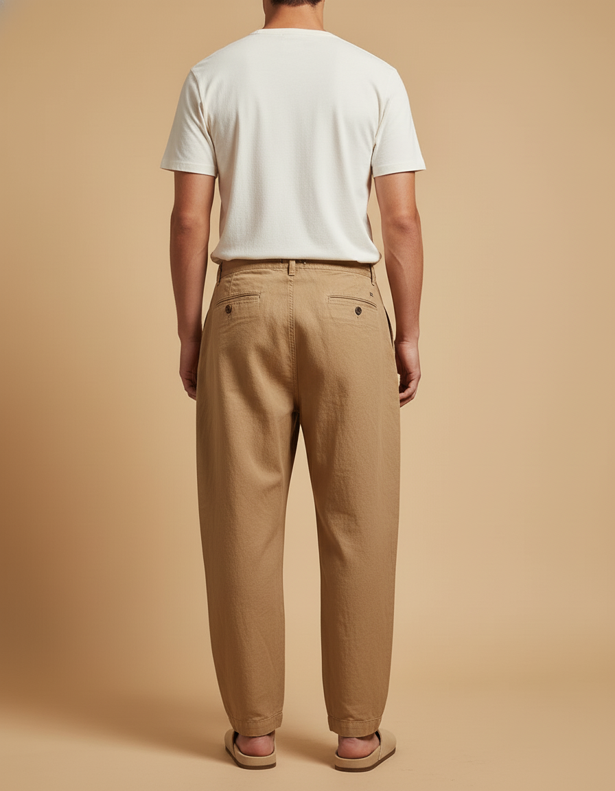 Pantalon Baggy Coton Plissé Décontracté Beige Homme - Lin - vue 2
