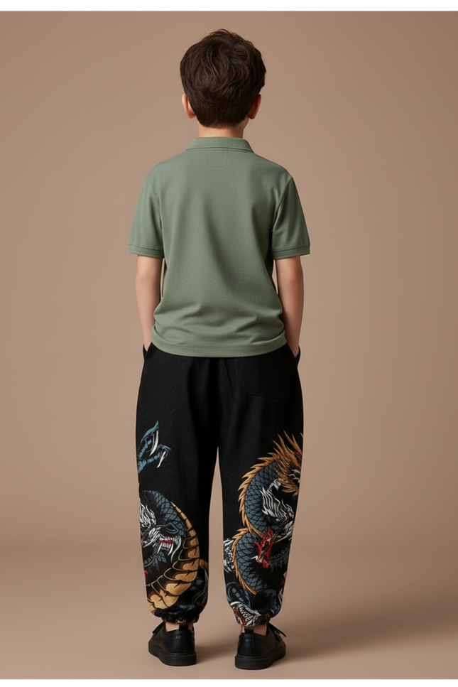 Pantalon Baggy Noir Dragon Imprimé Ample Cordon Garçon - Coton - vue 2