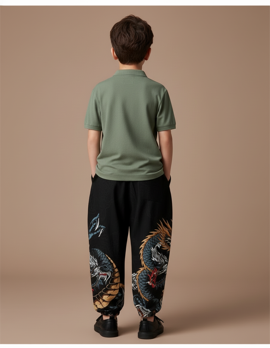 Pantalon Baggy Noir Dragon Imprimé Ample Cordon Garçon - Coton - vue 2