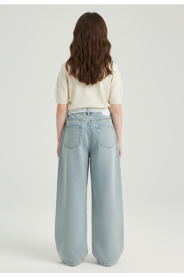Pantalon Baggy Bleu Délavé Dentelle Trous Ample Enfant - Jean - vue 2