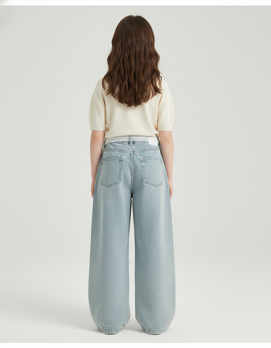 Pantalon Baggy Bleu Délavé Dentelle Trous Ample Enfant - Jean - vue 2