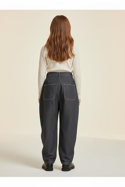 Pantalon Baggy Denim Plissé Ample Fille - Marine Jean - vue 2