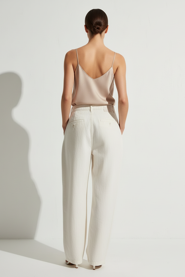 Pantalon Baggy Crème Ample Plissé Taille Haute - Beige Jean - vue 2