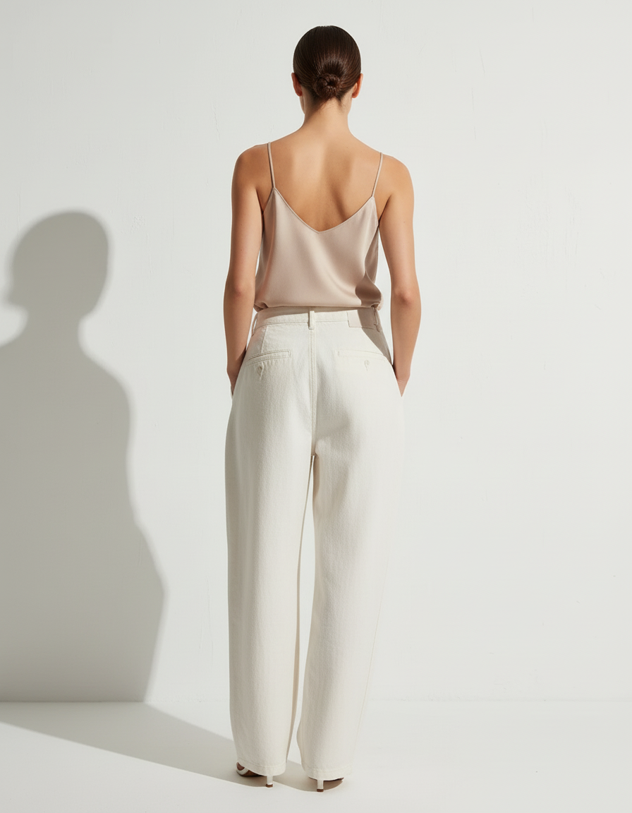 Pantalon Baggy Crème Ample Plissé Taille Haute - Beige Jean - vue 2