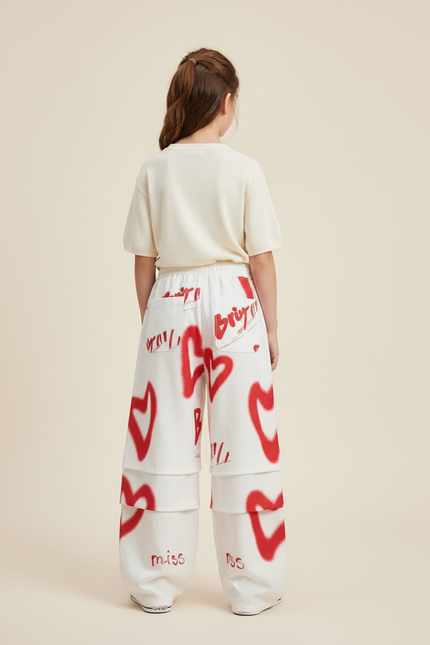 Pantalon Baggy Blanc Cœurs Rouges Ample Graffiti Fille - Molleton - vue 2