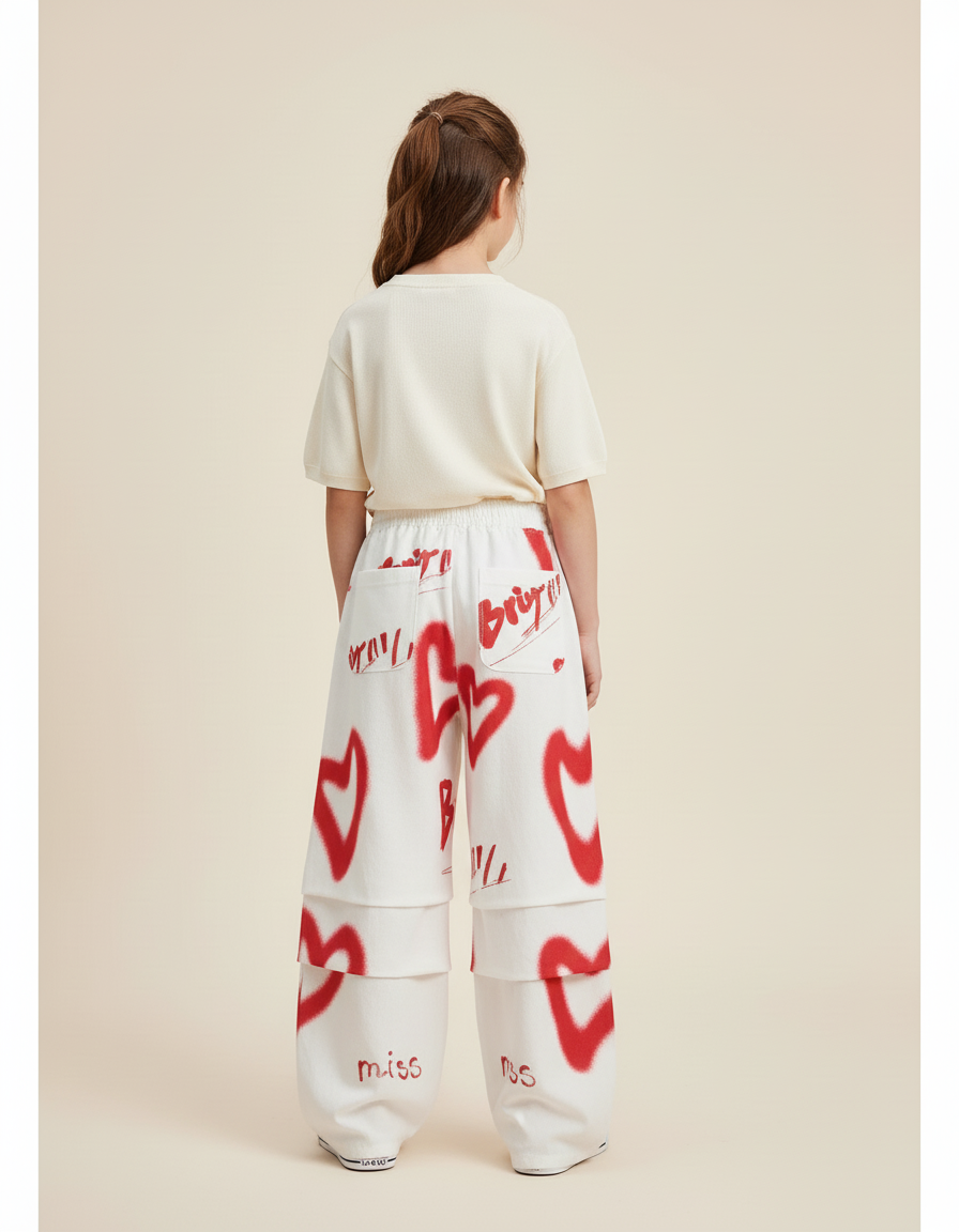 Pantalon Baggy Blanc Cœurs Rouges Ample Graffiti Fille - Molleton - vue 2