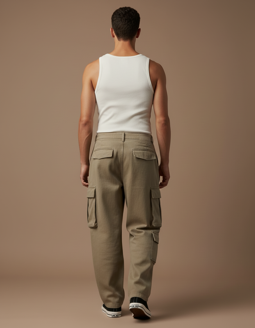 Pantalon Baggy Cargo Ample Kaki Coton Homme - vue 2