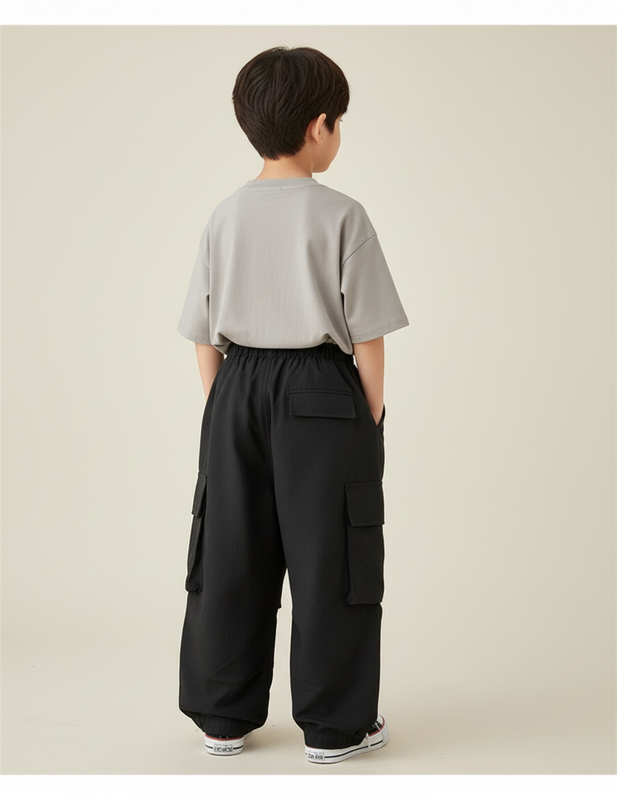 Pantalon Baggy Noir Cargo Ample Garçon Décontracté - Polyester - vue 2
