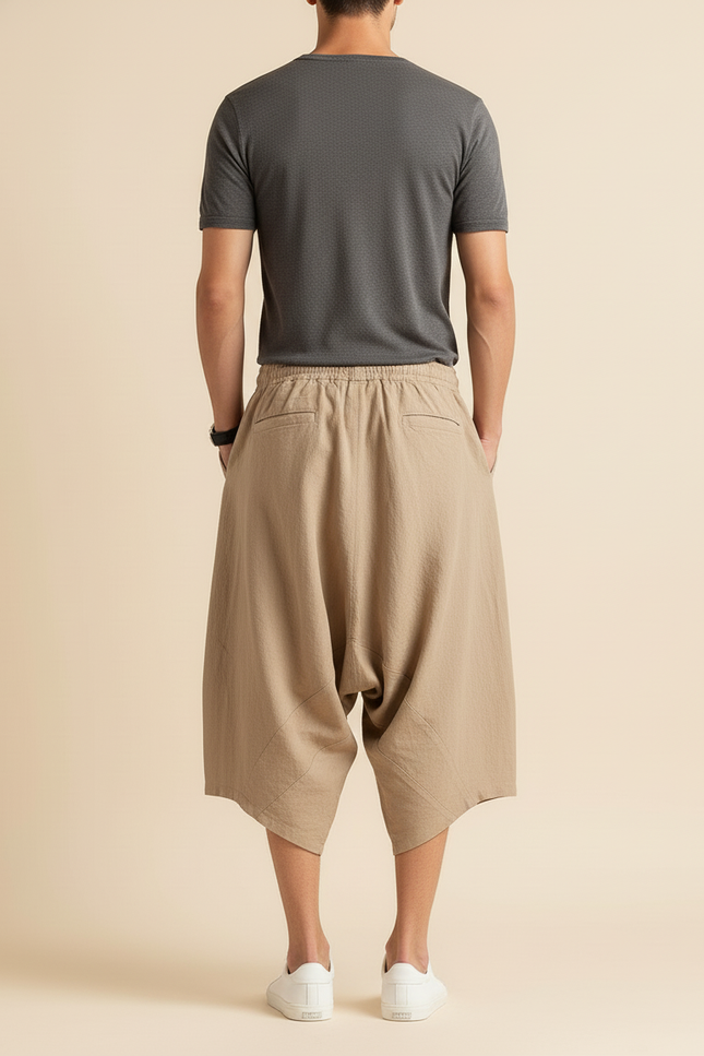 Pantalon Baggy Beige Lin Ample Décontracté Homme Cordon - vue 2