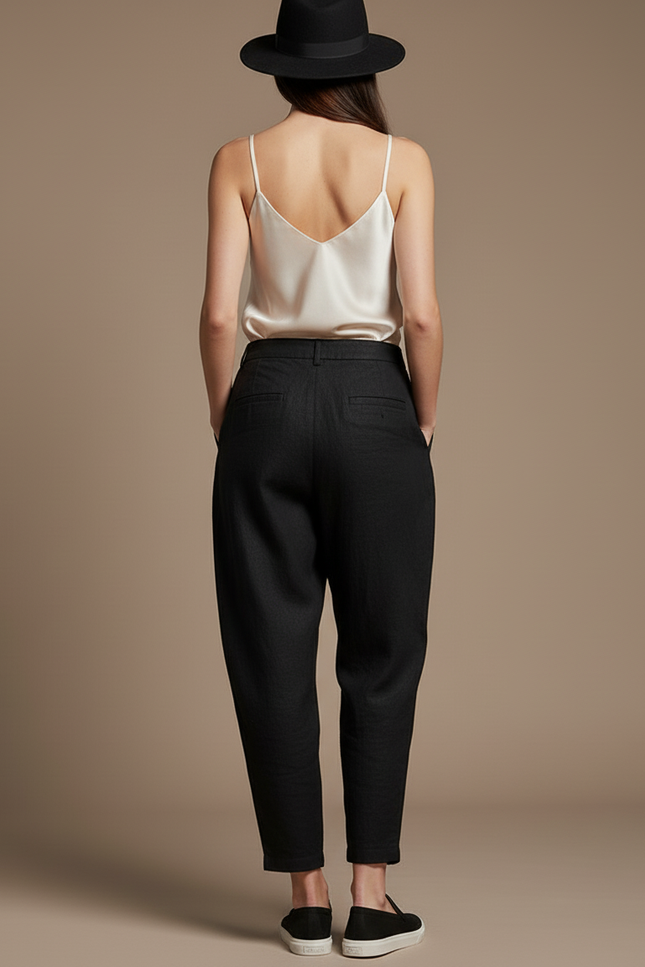 Pantalon Baggy Noir Ample Lin Plissé Femme - vue 2