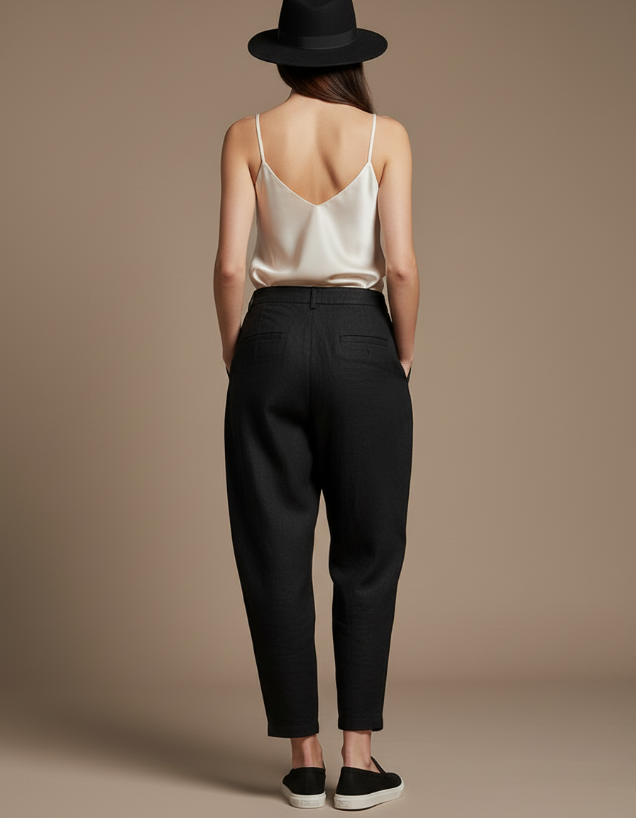 Pantalon Baggy Noir Ample Lin Plissé Femme - vue 2