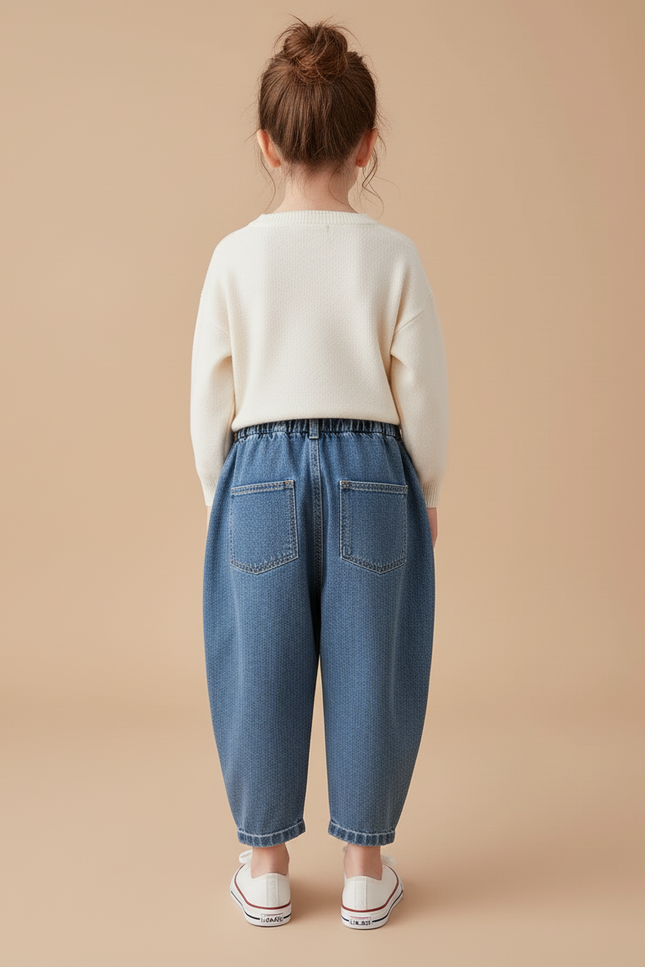 Pantalon Baggy Jean Bleu Ample Lapins Brodés Fille - vue 2
