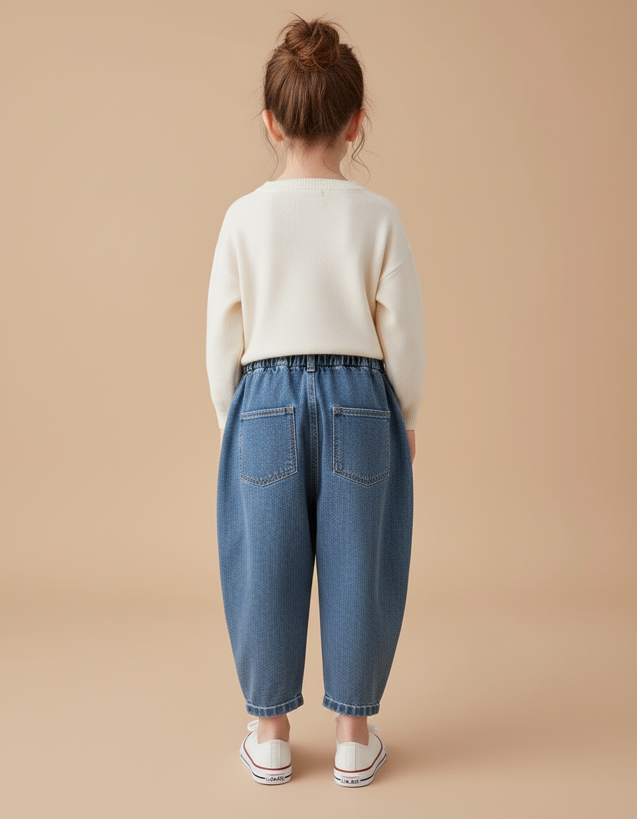 Pantalon Baggy Jean Bleu Ample Lapins Brodés Fille - vue 2
