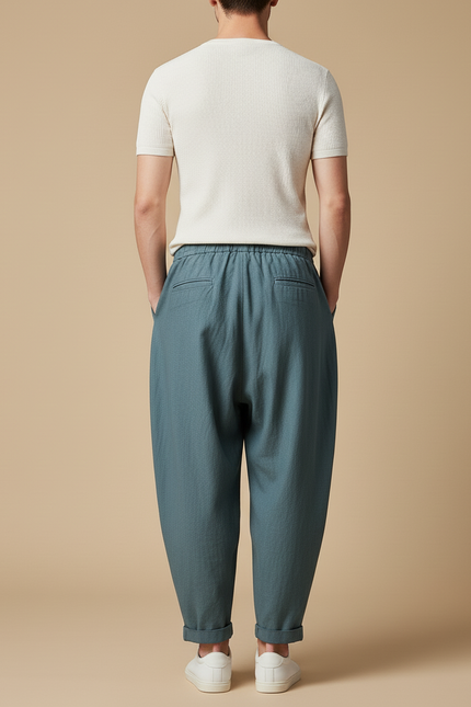 Pantalon Baggy Bleu Lin Ample Plissé Décontracté Homme - vue 2