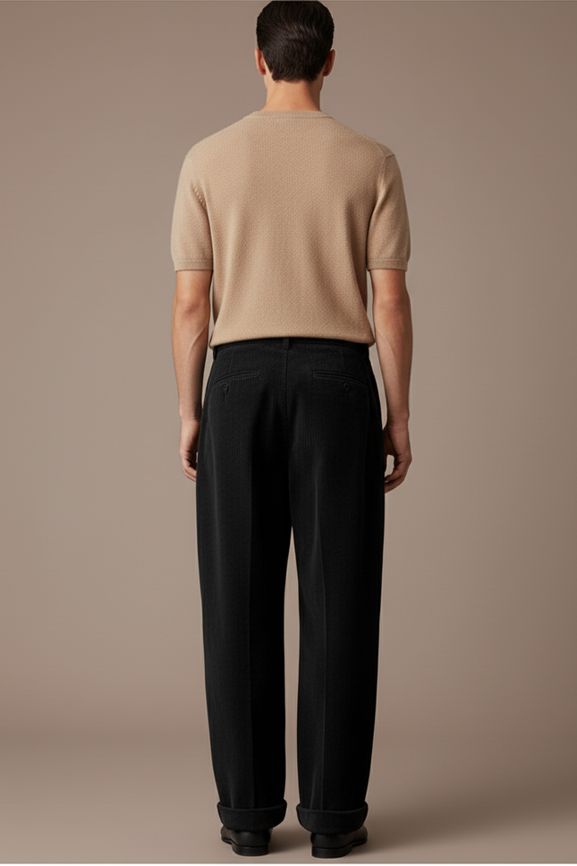 Pantalon Baggy Noir Côtelé Plissé Ample Homme - Cordé - vue 2