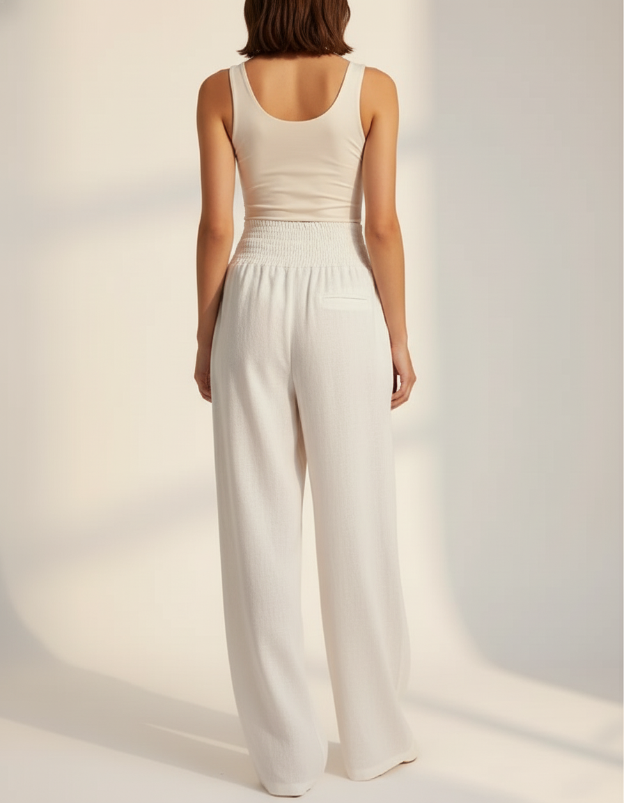 Pantalon Baggy Blanc Lin Fluide Taille Haute Chaîne - vue 2