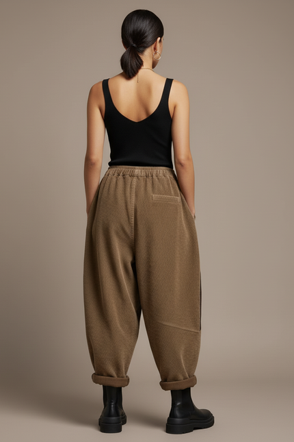 Pantalon Baggy Côtelé Marron Ample Patchwork Décontracté - Camel Cordé - vue 2