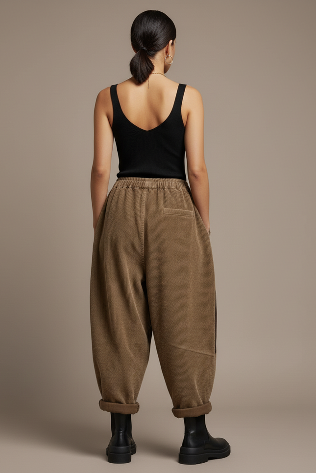 Pantalon Baggy Côtelé Marron Ample Patchwork Décontracté - Camel Cordé - vue 2