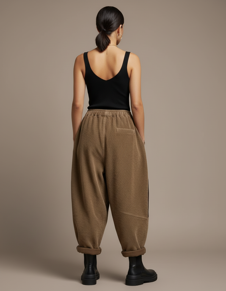 Pantalon Baggy Côtelé Marron Ample Patchwork Décontracté - Camel Cordé - vue 2