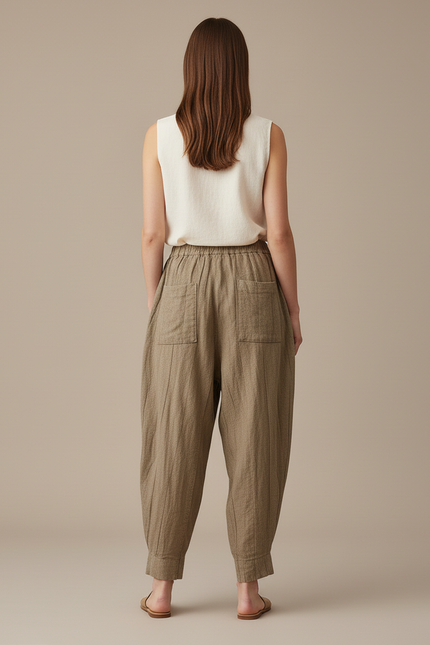 Pantalon Baggy Lin Plissé Ample Kaki Femme - vue 2