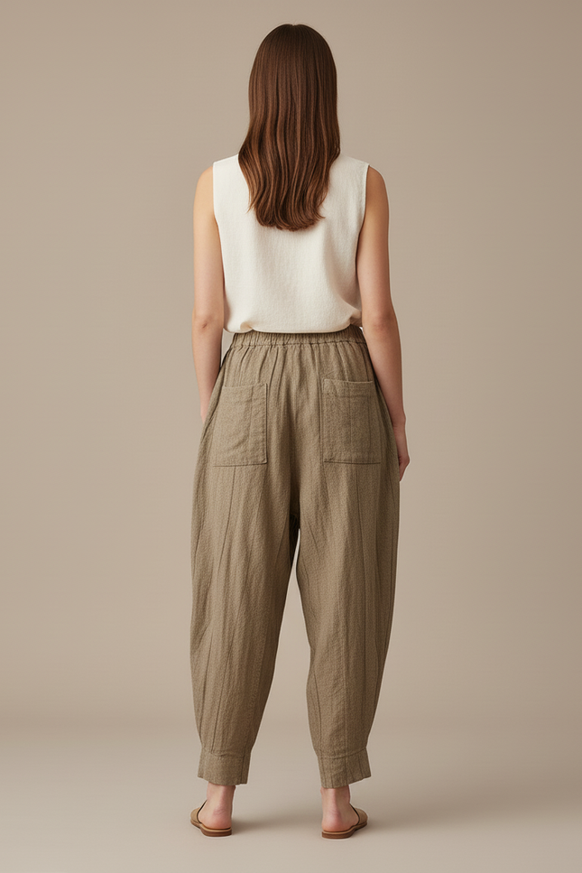Pantalon Baggy Lin Plissé Ample Kaki Femme - vue 2