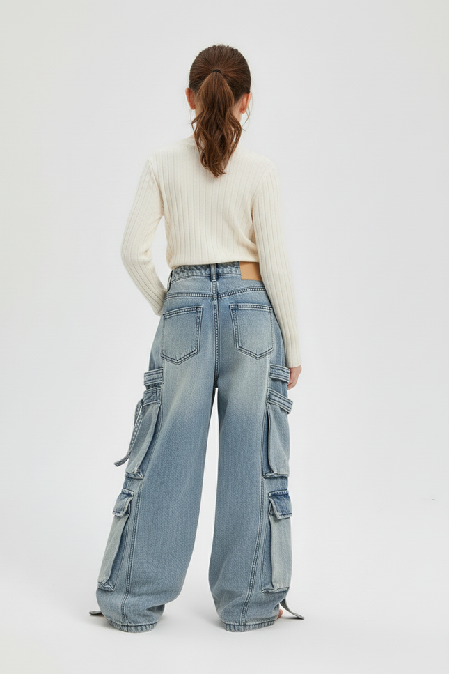Pantalon Baggy Bleu Jean Cargo Ample Décontracté - vue 2