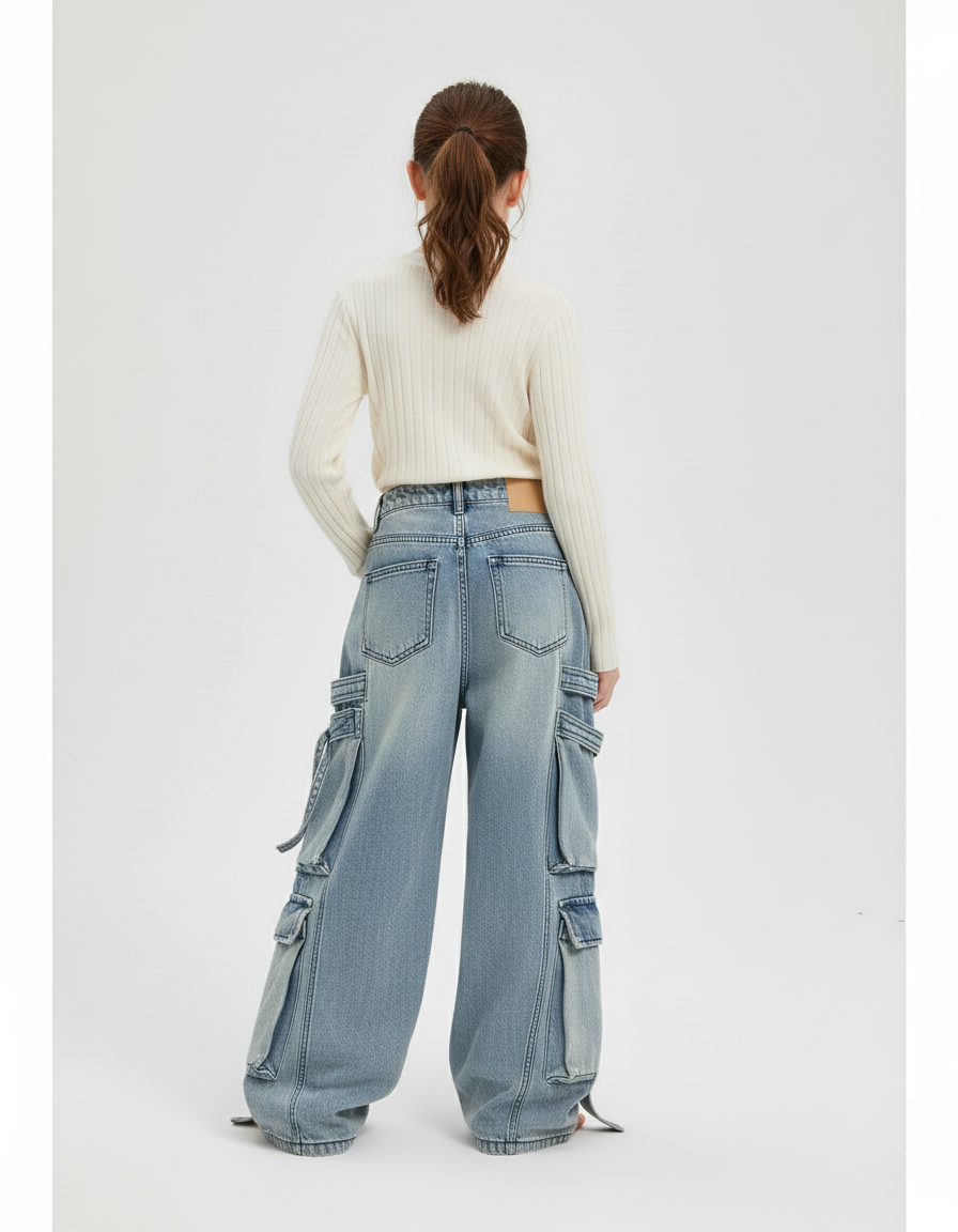 Pantalon Baggy Bleu Jean Cargo Ample Décontracté - vue 2