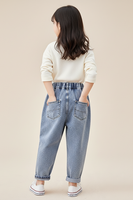 Pantalon Baggy Jean Bleu Lapin Brodé Ample Fille - vue 2