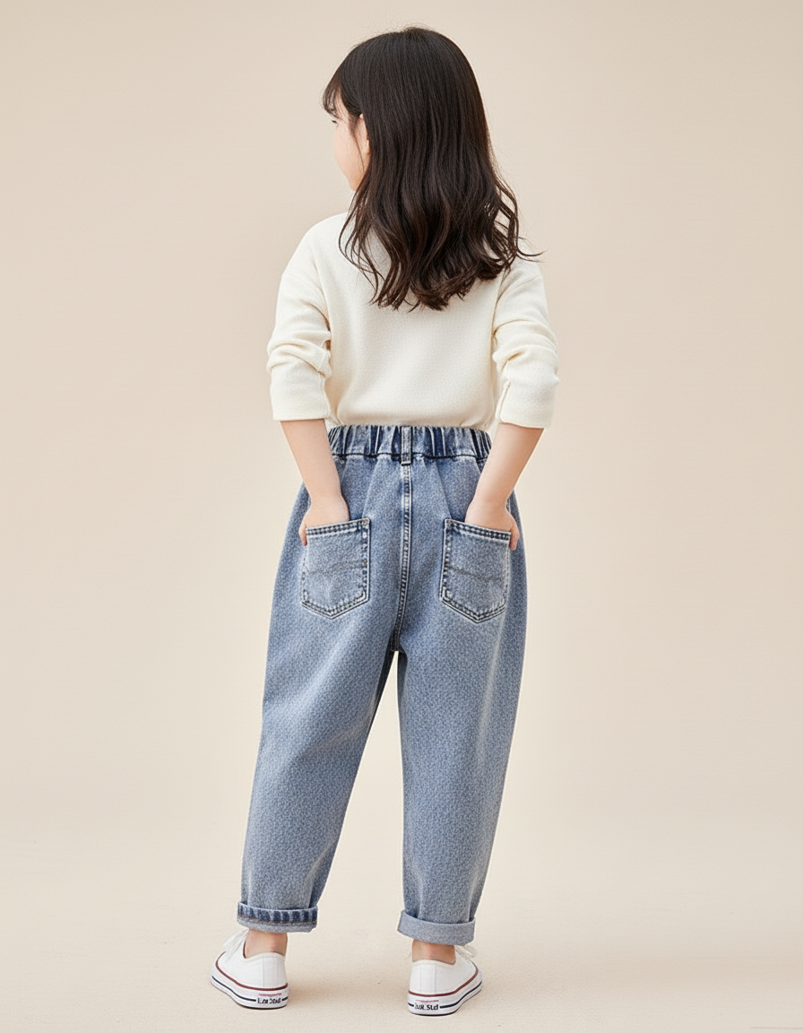 Pantalon Baggy Jean Bleu Lapin Brodé Ample Fille - vue 2