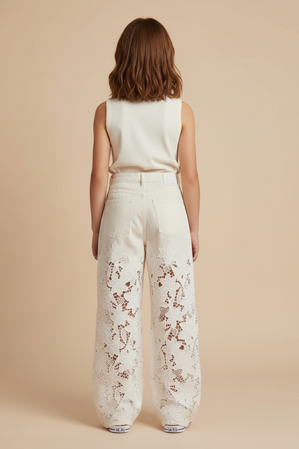 Pantalon Baggy Beige Ample Dentelle Floral Enfant - Jean - vue 2