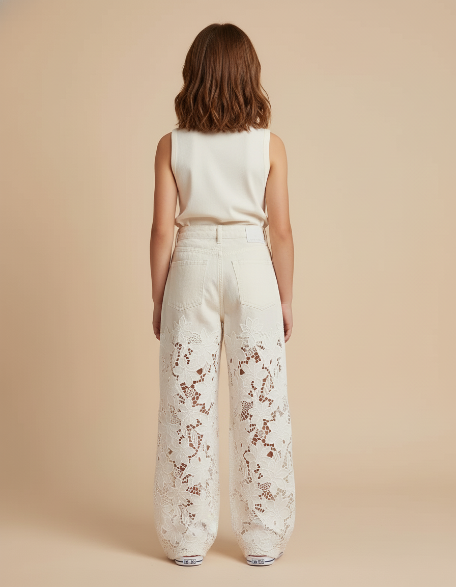 Pantalon Baggy Beige Ample Dentelle Floral Enfant - Jean - vue 2