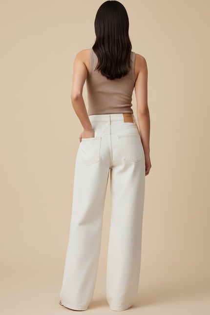 Pantalon Baggy Blanc Cassé Ample Taille Haute Femme - Jean - vue 2