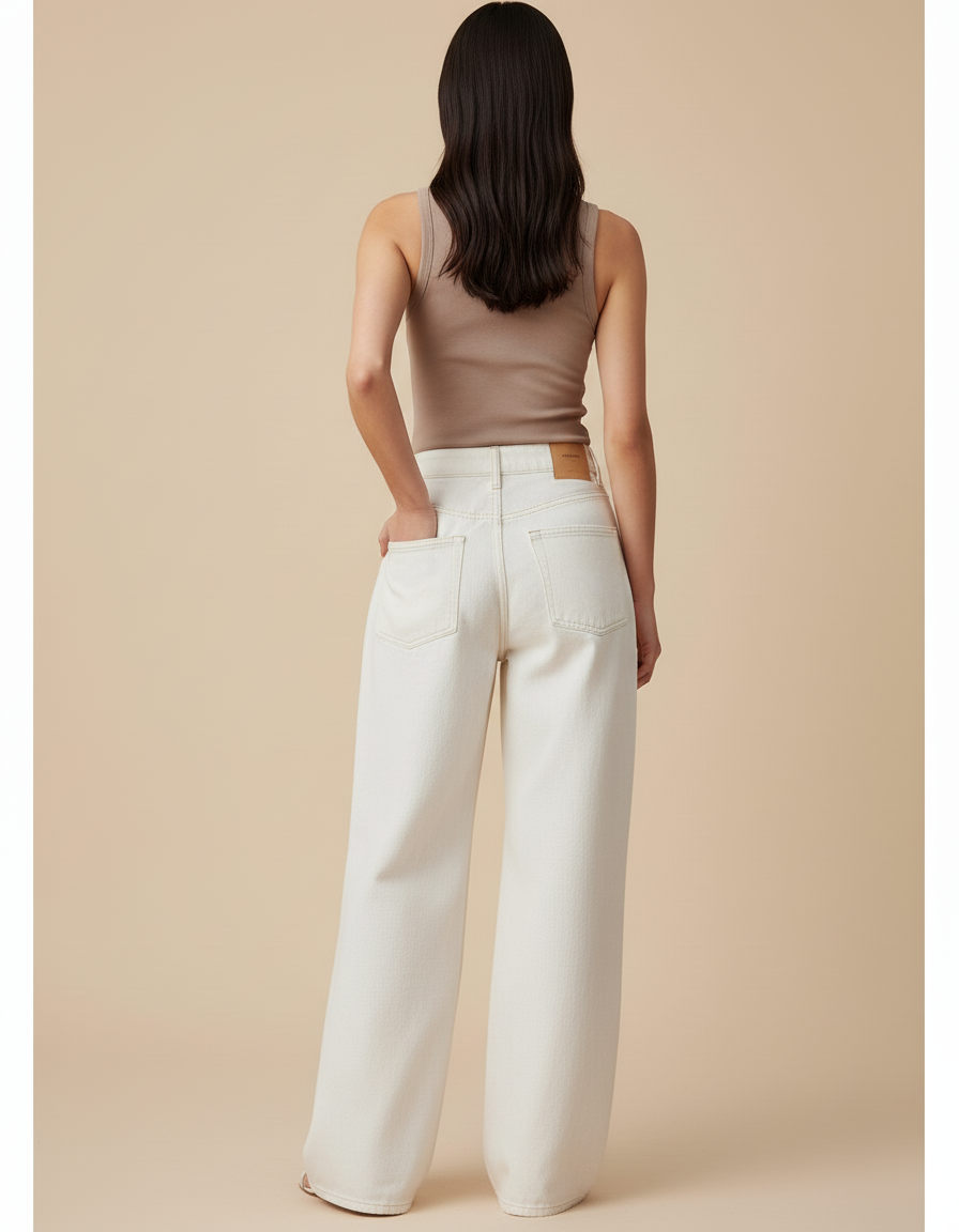 Pantalon Baggy Blanc Cassé Ample Taille Haute Femme - Jean - vue 2