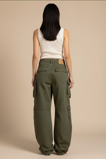 Pantalon Baggy Vert Kaki Cargo Multi-poches Ample Femme - Toile - vue 2