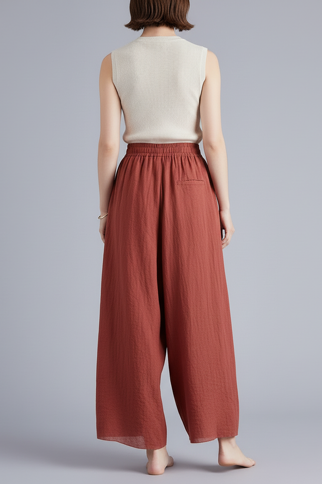 Pantalon Baggy Lin Coton Ample Fluide Marron - vue 2