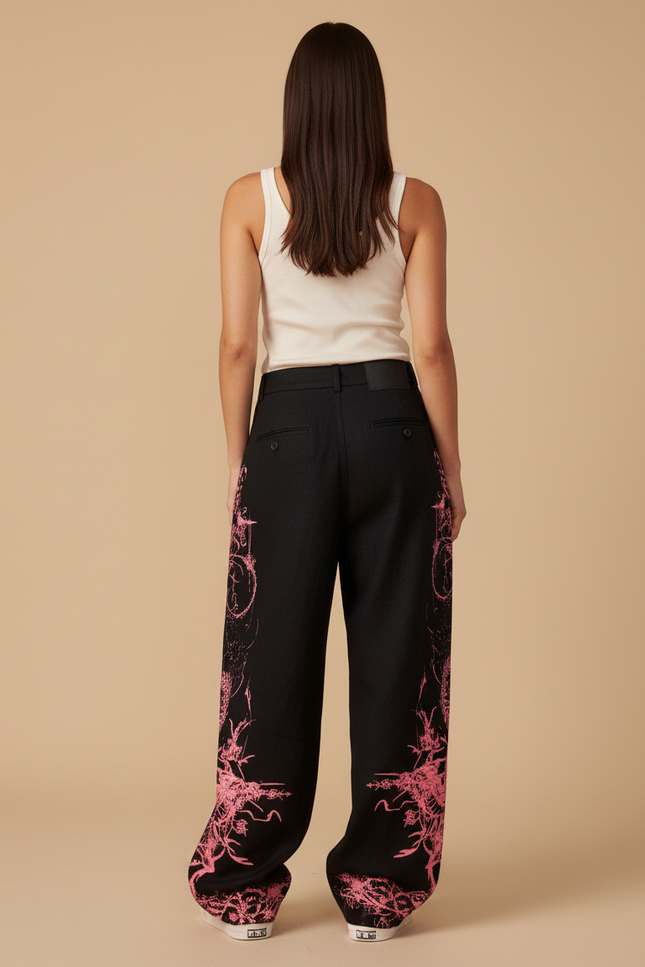 Pantalon Baggy Noir Dragon Rose Ample Gothique - Toile - vue 2