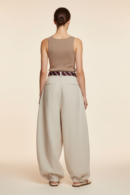 Pantalon Baggy Lin Ample Élastiqué Beige Femme Décontracté - vue 2