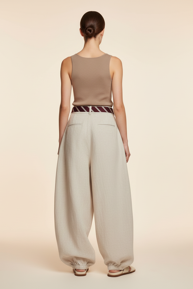 Pantalon Baggy Lin Ample Élastiqué Beige Femme Décontracté - vue 2