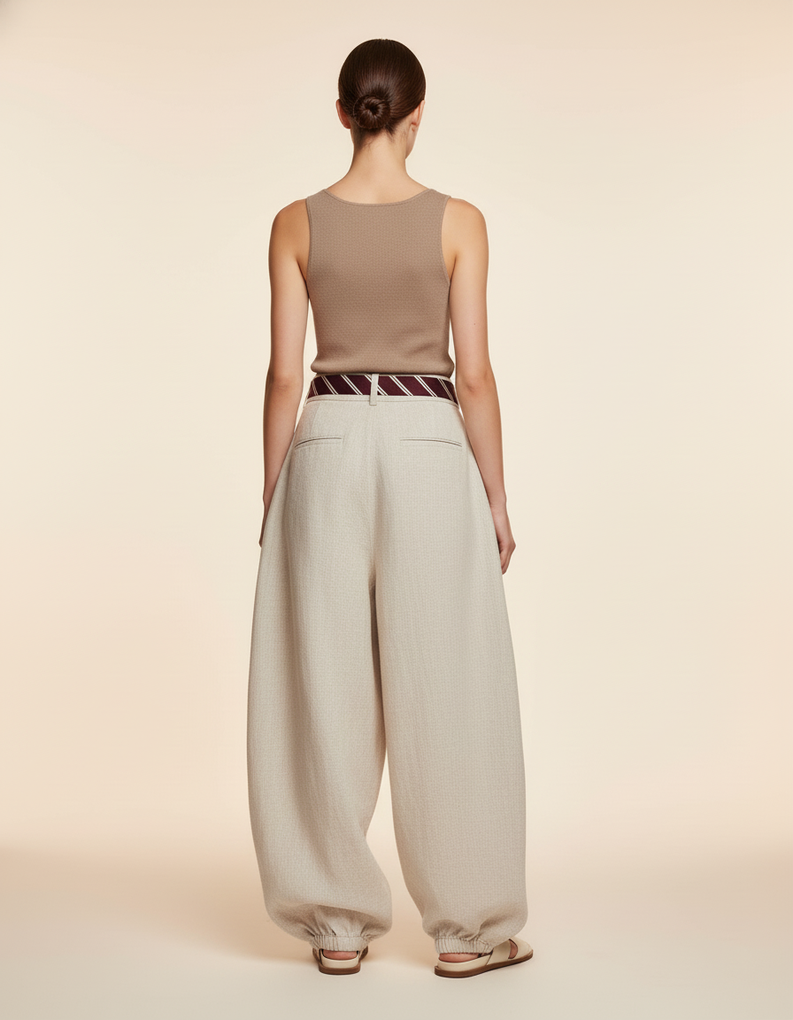 Pantalon Baggy Lin Ample Élastiqué Beige Femme Décontracté - vue 2