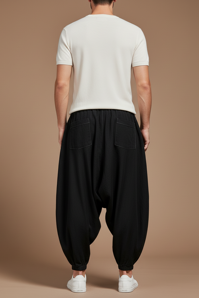 Pantalon Baggy Noir Lin Ample Harem Homme - vue 2