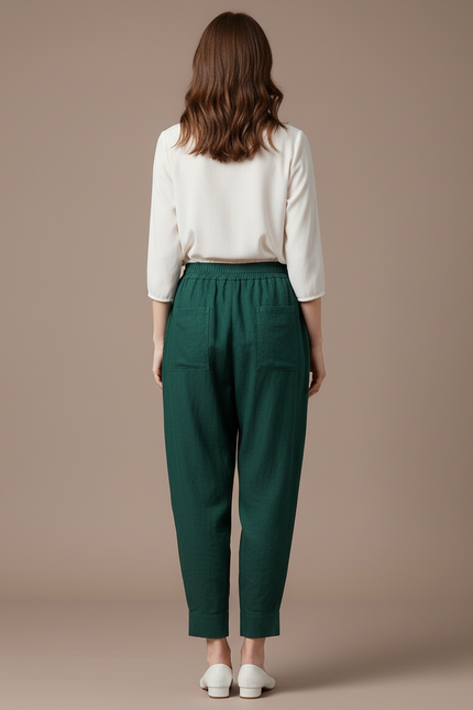 Pantalon Baggy Vert Émeraude Lin Ample Confortable - vue 2